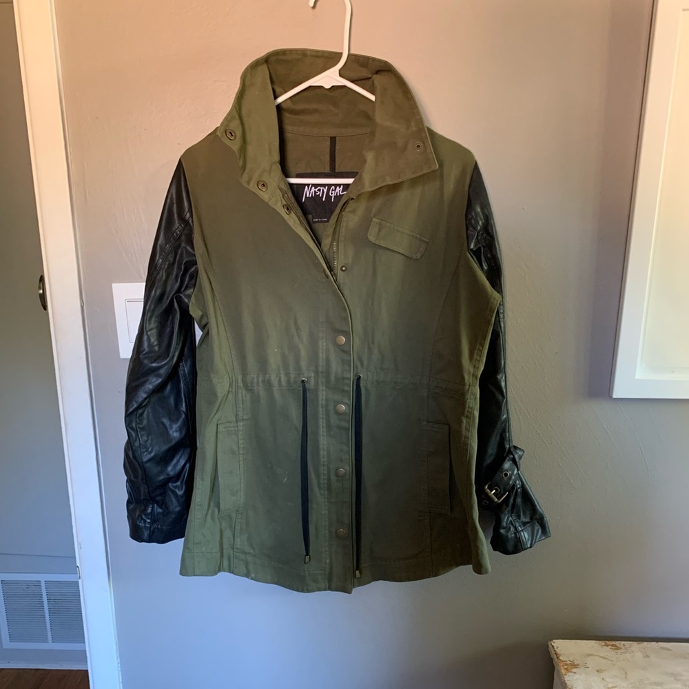 Olive green and faux leather black sleeve Nasty Gal fall coat!